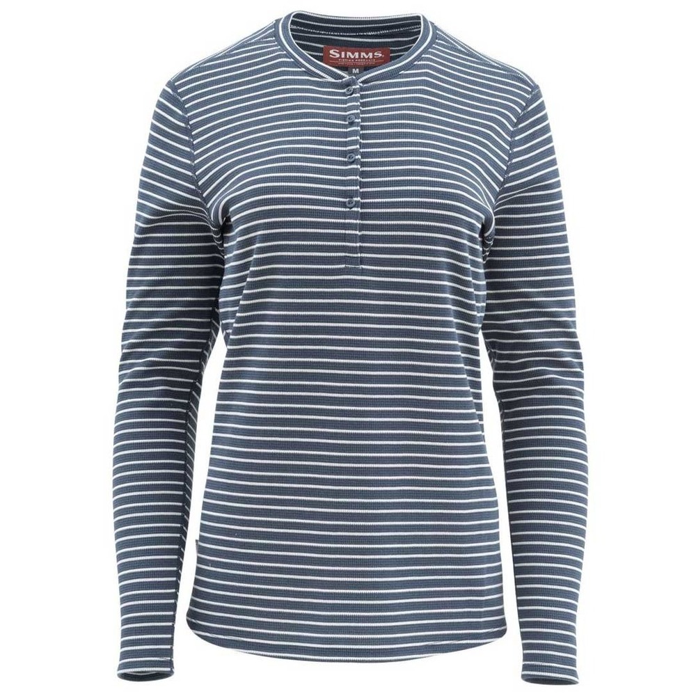 Simms Fishing Products Womens Small Navy White Striped Waffle Knit Henley Top